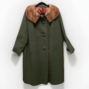 VTG 50/60s Carol Brent Green Coat Fur Collar Stevens Hockanum Topaz MCM M/L